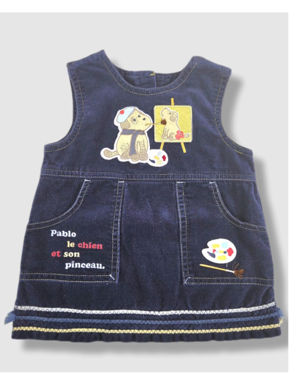 Vintage Calin Caline dress | navy velvet, dog embroidery | early 2000s | 6–9M